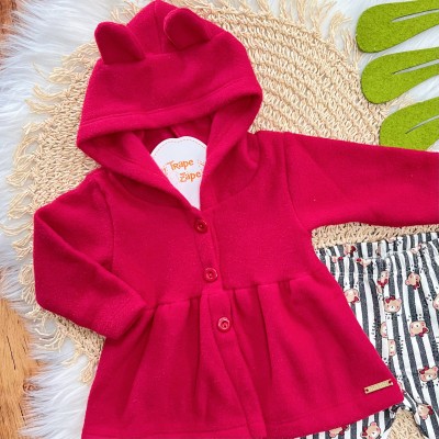 Conj. Casaco em Fleece com Capuz e Legging Listrada Ursinhas - Vermelho